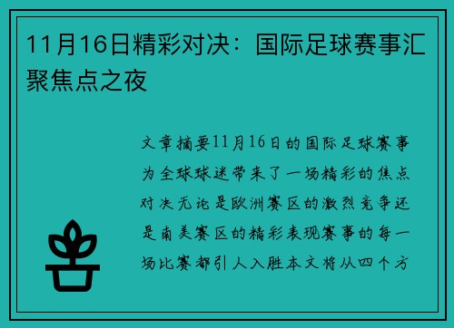 11月16日精彩对决：国际足球赛事汇聚焦点之夜