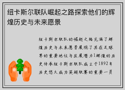 纽卡斯尔联队崛起之路探索他们的辉煌历史与未来愿景