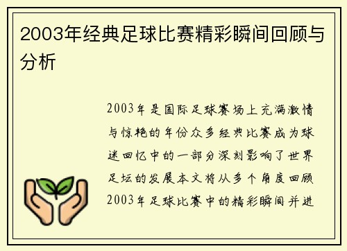 2003年经典足球比赛精彩瞬间回顾与分析
