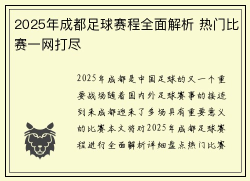 2025年成都足球赛程全面解析 热门比赛一网打尽