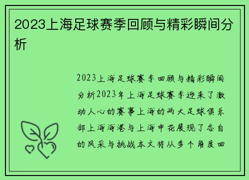 2023上海足球赛季回顾与精彩瞬间分析