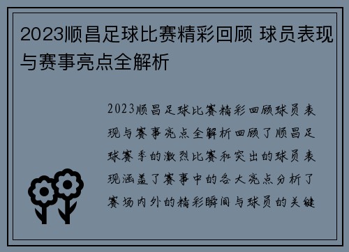 2023顺昌足球比赛精彩回顾 球员表现与赛事亮点全解析