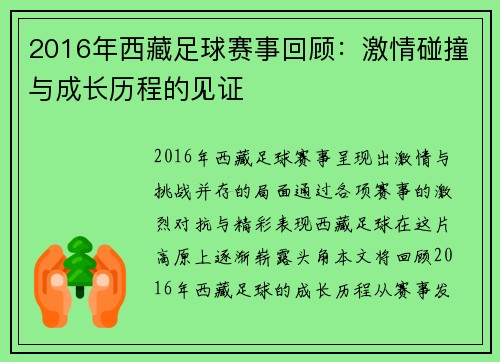 2016年西藏足球赛事回顾：激情碰撞与成长历程的见证