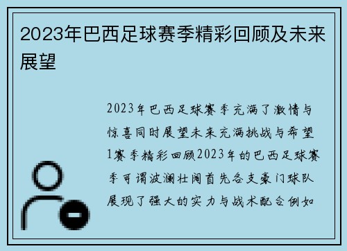 2023年巴西足球赛季精彩回顾及未来展望