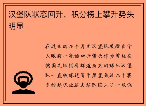 汉堡队状态回升，积分榜上攀升势头明显