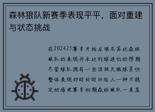 森林狼队新赛季表现平平，面对重建与状态挑战