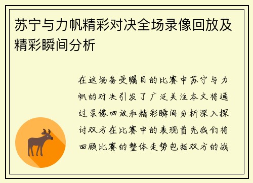 苏宁与力帆精彩对决全场录像回放及精彩瞬间分析