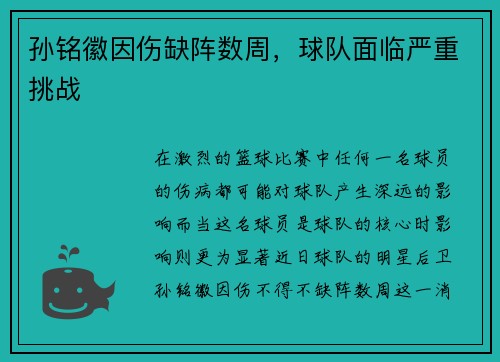孙铭徽因伤缺阵数周,球队面临严重挑战