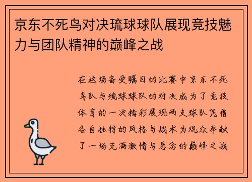京东不死鸟对决琉球球队展现竞技魅力与团队精神的巅峰之战