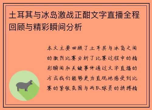 土耳其与冰岛激战正酣文字直播全程回顾与精彩瞬间分析