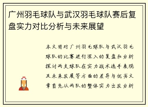 广州羽毛球队与武汉羽毛球队赛后复盘实力对比分析与未来展望