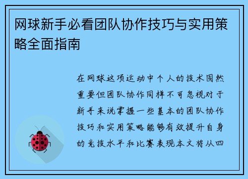 网球新手必看团队协作技巧与实用策略全面指南