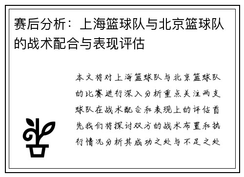 赛后分析：上海篮球队与北京篮球队的战术配合与表现评估