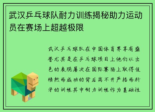 武汉乒乓球队耐力训练揭秘助力运动员在赛场上超越极限